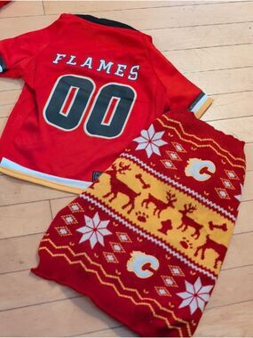 18lb Dog NHL‎ Red Calgary Flames Jersey & Holiday Knit Sweater Set